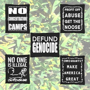 Radical Patches Handgjord jeansjacka skorpa punk politisk vänster anarkist screentryckt HTV vegansk canvas Anti Trump ICE pro invandrare
