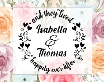 May include: A watercolor floral wedding announcement with a white background and a black circle with the text "and they lived, Isabella & Thomas, happily ever after".