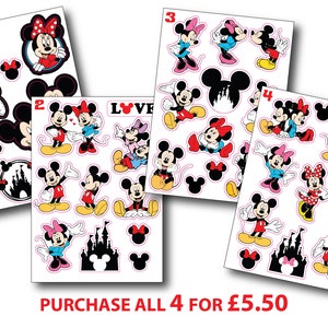 May include: Four sheets of stickers featuring Mickey Mouse and Minnie Mouse in various poses. The stickers are on a white background and include a castle silhouette, hearts, and the words "LOVE" and "PURCHASE ALL 4 FOR £5.50".