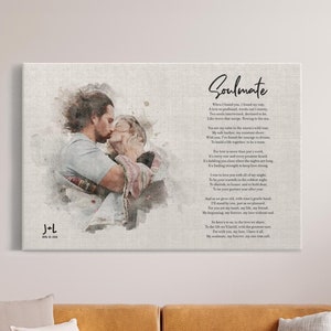 Custom Poem Print On Canvas Ready To Hang, With Couples Portrait Watercolor Perfect For Wedding Anniversary Gift