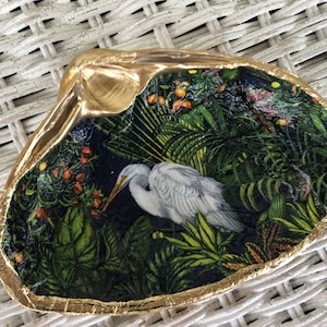 White Egret jewelry dish; shell jewelry holder; decoupage shell trinket dish