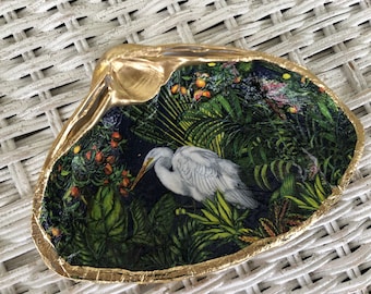 White Egret jewelry dish; shell jewelry holder; decoupage shell trinket dish