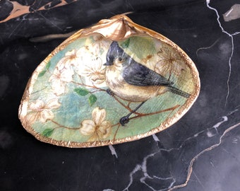 Titmouse bird shell dish; decoupage clam shell; Hostess gift, bird shell decoration