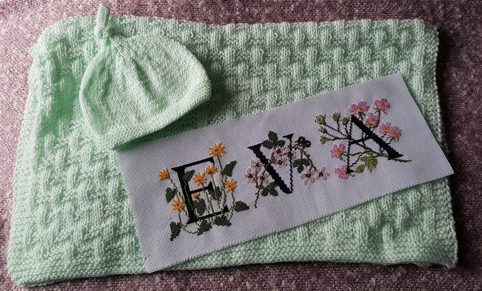 Handmade Knitted Baby Blanket and Custom Cross Stitch Floral Etsy Handmade knitted baby blanket and custom cross stitch floral