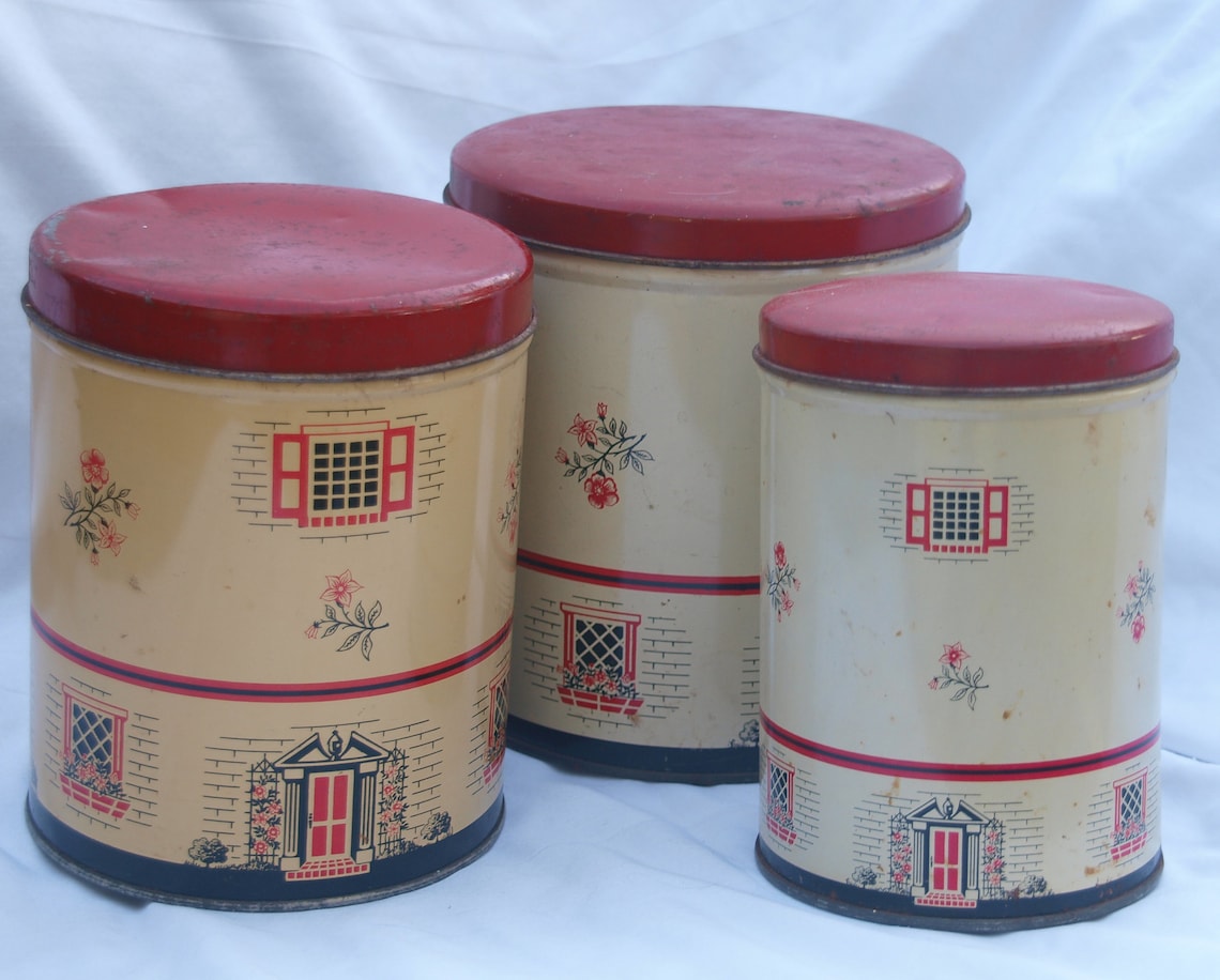 Vintage 3piece Tin Canister Set With Red Lids Nesting Tins Etsy