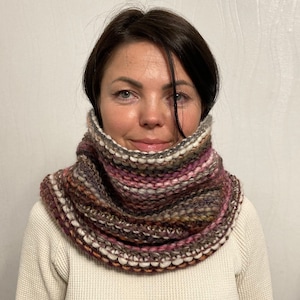 Loop scarf women&#39;s knitted multicolored. Hooded scarf hand knitted colorful. Round scarf knitted wool purple. Knitted collar scarf with stripes