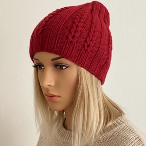 Women's knitted merino wool hat | Cozy cashmere knit hat | Hand-knitted red winter hat | Knitted wool hat for girls