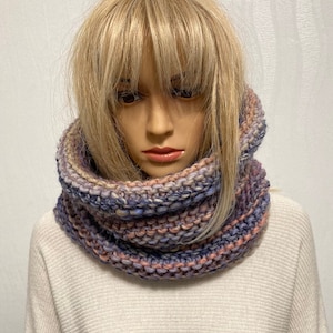 Loop scarf women&#39;s knitted multicolored. Hooded scarf hand knitted colorful. Scarf wool knitted purple. Knitted collar scarf with stripes.