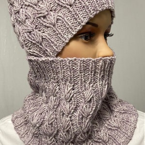 Hat and loop scarf hand-knitted lilac. Neck warmer and women&#39;s hat knitted. Collar scarf and hat women. Wool scarf and hat set purple