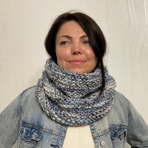 Loop ladies knitted multicolored. Hooded scarf hand-knitted colorful. Loop scarf wool knitted blue grey. Knitted collar scarf with stripes