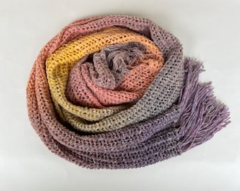 Hand-knitted women's scarf. Long knitted scarf with fringe. Knitted wool scarf for women. Striped knitted scarf. Knitted scarf in an openwork pattern.