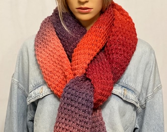 Hand-knitted women's scarf. Knitted wool scarf, multi-colored. Knitted scarf for women with colorful block stripes. Hand-knitted scarf autumn winter.