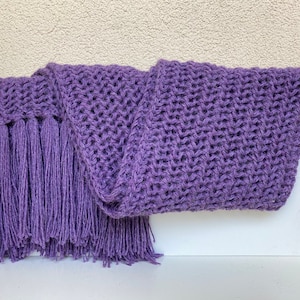 Women&#39;s knitted wool scarf purple. Scarf women&#39;s alpaca hand knitted. Knitted scarf lilac with fringes. Long knitted scarf Ajour pattern