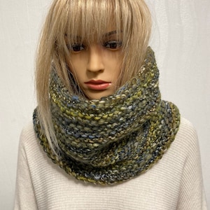 Loop scarf women&#39;s knitted multicolored. Hooded scarf hand knitted colorful. Knitted wool scarf blue gray. Knitted collar scarf with stripes