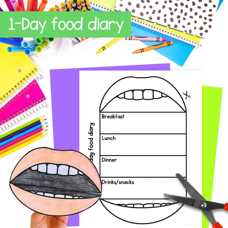 May include: A printable 1-Day Food Diary worksheet featuring a mouth with teeth and a section for breakfast, lunch, dinner, and drinks/snacks.