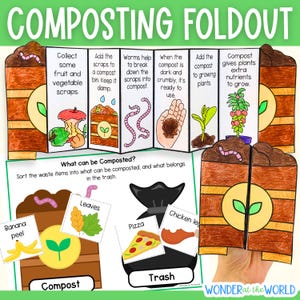 Printable composting activities for kids, foldable sequencing activity, composting sorting mats, word search, Earth Day activity