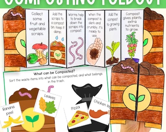 Printable composting activities for kids, foldable sequencing activity, composting sorting mats, word search, Earth Day activity