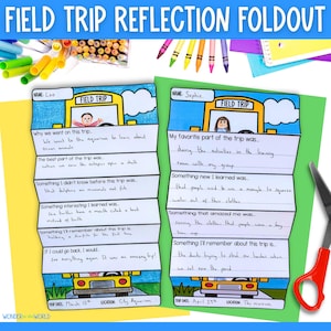 以下が含まれることがあります： 子供向けの印刷可能な遠足振り返り折りたたみシート。折りたたみシートには、生徒が乗っている黄色のスクールバスが描かれています。折りたたみシートには、生徒が遠足体験について書くためのプロンプトが記載されており、遠足に行った理由、学んだこと、記憶に残ったことなどが含まれています。折りたたみシートは、切り取って折りたたむように設計されています。