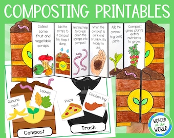 Printable composting activities for kids, foldable sequencing activity, composting sorting mats, word search, Earth Day activity