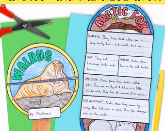 Arctic animal research folding writing templates PDF, including reindeer, snowy owl, walrus, and polar bear