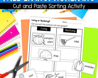 Fall autumn living and nonliving things sort cut and paste worksheets