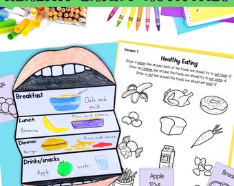 Healthy eating and foods printable foldable activity, food sorting and healthy choices worksheet PDF