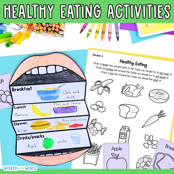 Healthy eating and foods printable foldable activity, food sorting and healthy choices worksheet PDF