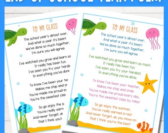 End of school year poem letter from teacher to students pupils class | Printable PDF | ocean animal themed | A4 and 8.5 x 11 inch