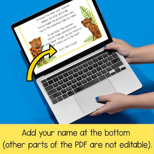 May include: A laptop displaying a digital card with a jungle theme, featuring a leopard and monkey illustration. The card includes text: "To know I've been your teacher...from Miss Segal." A yellow arrow points to the bottom text: "Add your name at the bottom..."