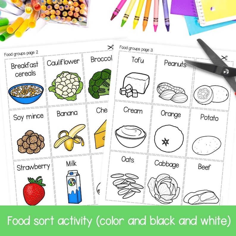 May include: Black and white printable worksheet with images of different foods, labeled with their food groups. The worksheet is titled "Food groups page 2" and "Food groups page 3".