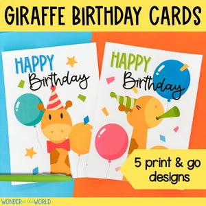 Tarjetas de felicitación de feliz cumpleaños imprimibles de jirafa para niños, descarga digital en PDF imprimible