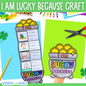 以下が含まれることがあります： 「I AM LUCKY BECAUSE CRAFT」のテキストが入ったカラフルなクラフトプロジェクト。画像には、イラストと「I am lucky because」という言葉が入ったペーパークラフトが写っています。金のポットと四つ葉のクローバーが含まれています。