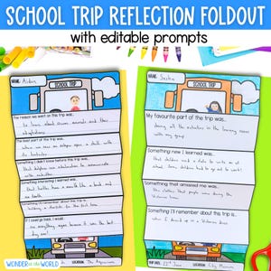 May include: A printable school trip reflection foldout with prompts for pupils to write about their experience. The foldout features a cartoon school bus and the text "School Trip".