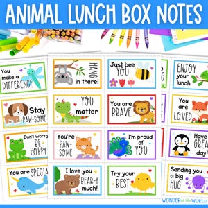 24 afdrukbare dierenlunchdoosnotities voor kinderen | afdrukbare digitale download | A4 en 8,5 x 11 inch