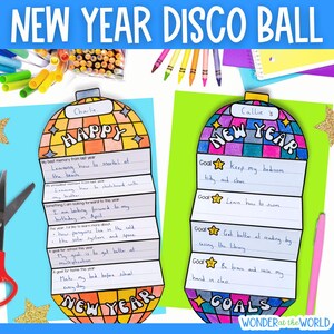 May include: Two colorful New Year's disco ball-shaped goal sheets. One is labeled "Charlie" with "Happy" and "New Year" text, and the other is labeled "Callie's" with "New Year" and "Goals" text. The sheets have lines for writing goals.