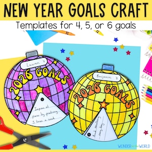 New Year 2026 disco ball goal setting writing kids craft activity bulletin board idea PDF digital download