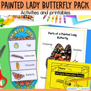 Puede incluir: Un paquete de actividades educativas y hojas de trabajo imprimibles sobre el ciclo de vida de la mariposa de la dama pintada. El paquete incluye una rueda de ciclo de vida plegable, un diagrama de las partes de una mariposa y un diario de observación del ciclo de vida. El diario tiene un espacio para un nombre y un dibujo de una oruga.