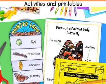 Painted lady butterfly & caterpillar printables life cycle, observation journal, features activities PDF digital download