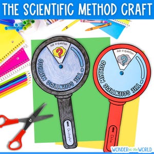 Könnte beinhalten: Zwei Lupen-Bastelarbeiten aus Papier mit der Aufschrift The Scientific Method. Eine hat einen schwarzen Rahmen und ein blaues Zentrum mit gelbem Fragezeichen, die andere einen roten Rahmen und blaues Zentrum mit grauem Fragezeichen.