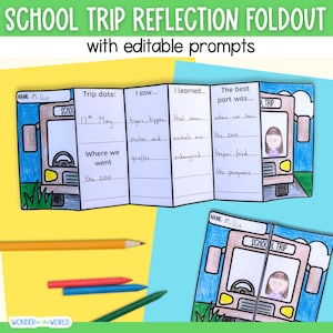 Puede incluir: Una plantilla de folleto desplegable de reflexión sobre un viaje escolar imprimible con una ilustración de un autobús escolar amarillo. La plantilla incluye indicaciones para que los estudiantes escriban sobre lo que vieron, aprendieron y su parte favorita del viaje. El texto de la plantilla incluye "School Trip Reflection Foldout" y "School Trip".