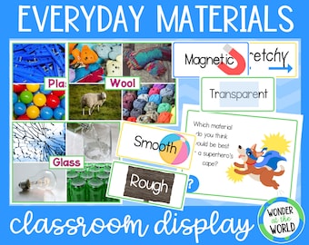 Everyday materials printable classroom display for teachers | digital download PDF | posters and weather chart | A4 & 11x8.5 inch | science