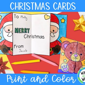 Foldout Christmas cards to print and color | PDF download | elf, snowman, Santa, penguin, bear and reindeer