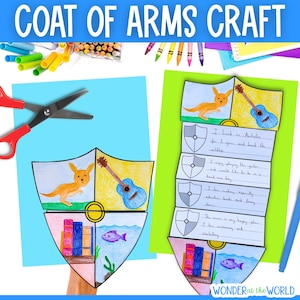 Può includere: Due progetti artigianali di stemmi colorati. Ogni disegno a forma di scudo presenta disegni di un canguro, una chitarra, libri e un pesce. Uno ha testo scritto a mano. Le parole "COAT OF ARMS CRAFT" sono in alto.
