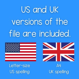 May include: A bright blue digital graphic featuring the white text US and UK versions of the file are included. Below the text, the United States flag is labeled Letter-size US spelling, and the United Kingdom flag is labeled A4 UK spelling.