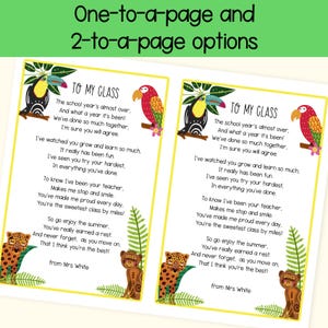 May include: Two printable end-of-year cards with a yellow border, featuring a poem for students. The cards have illustrations of a toucan, parrot, leopard, and monkey. The text reads "To My Class" and includes a message from Mrs. White.