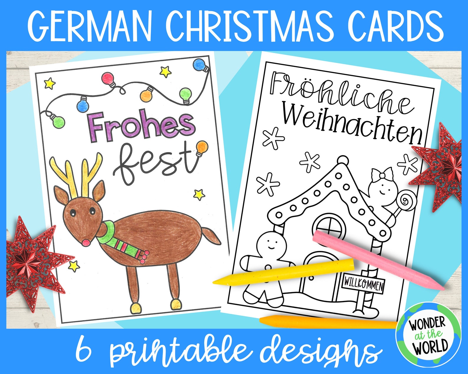 6 German Christmas card designs to print and colo