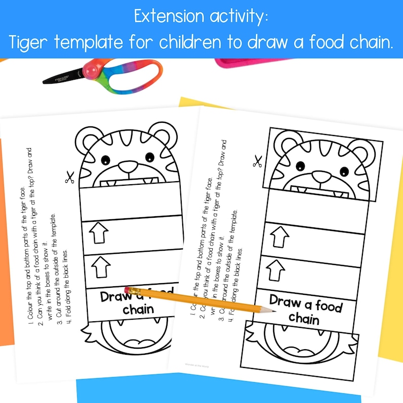 May include: Black and white printable tiger template for kids to draw a food chain. The template has four boxes for drawing and the text "Draw a food chain".