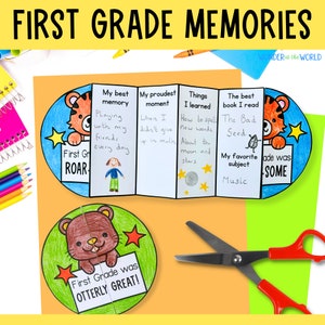 May include: A colorful, handmade first-grade memory project. The project includes a foldable booklet with prompts and drawings, a circular puzzle with an otter, and the text "First Grade Memories". Scissors and crayons are also visible.