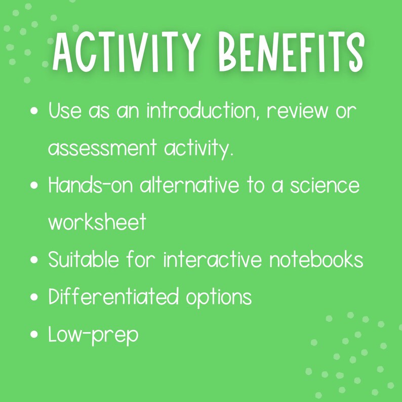 Pode incluir: Fundo verde com texto branco que diz "ACTIVITY BENEFITS". Os pontos listam os benef&iacute;cios: introdu&ccedil;&atilde;o, revis&atilde;o, atividade de avalia&ccedil;&atilde;o, alternativa pr&aacute;tica a uma folha de exerc&iacute;cios de ci&ecirc;ncias, adequado para cadernos interativos, op&ccedil;&otilde;es diferenciadas e baixa prepara&ccedil;&atilde;o.