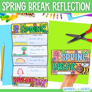 以下が含まれることがあります： 上部に「SPRING BREAK REFLECTION」というテキストが入った、カラフルなスプリングブレイクリフレクションプロジェクト。プロジェクトには、「訪れた場所」や「一番の思い出」などのプロンプトが含まれています。手には、蜂のイラストが入った完成したプロジェクトが持たれています。